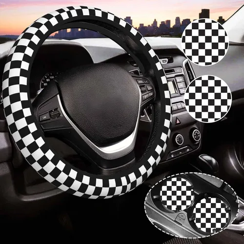 Miniatura 16 de Funda de volante a cuadros para mujeres, funda universal para volante de automóvil de 14-15 pulgadas, accesorios interiores para automóvil, con 2