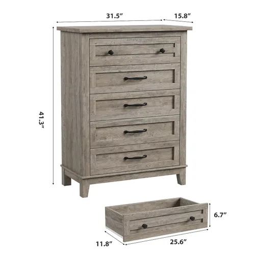 Miniatura 2 de GarveeHome Cómoda de 5 cajones verticales de 41.3 pulgadas de alto con gran almacenamiento, cómoda de madera independiente para dormitorio, sala