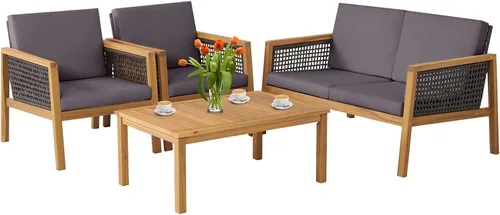 Juego de 4 sofás de madera de acacia para exteriores, juego de conversación de mimbre de polietileno para exteriores con mesa auxiliar y cojines