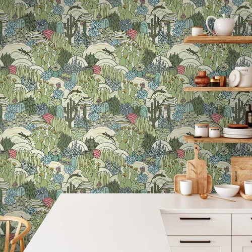 MuralPeel Papel Tapiz de Bosque de Cactus Verdes con Animales Despegar y Pegar con Lagarto, Fácil de Despegar, Papel de Contacto Autoadhesivo