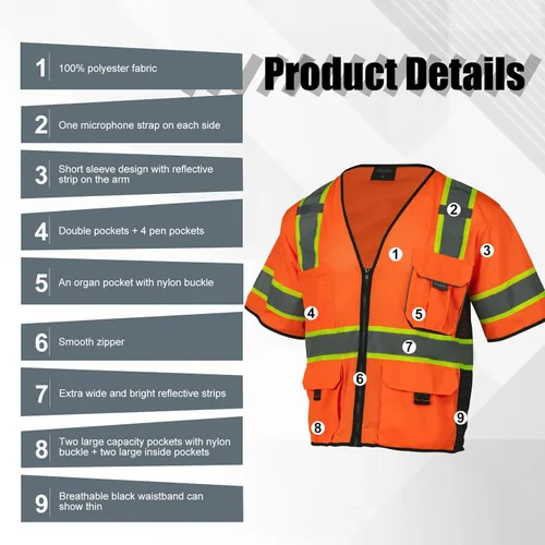Miniatura 7 de Chaleco de alta visibilidad con bolsillos y cremallera para hombres y mujeres, chaleco de construcción con tiras reflectantes, Hi Vis Clase 3 Naranja