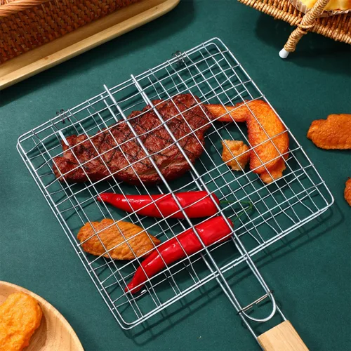 Miniatura 3 de Happyyami Barbacoa de acero inoxidable cesta de pescado de 14.96 x 8.66 pulgadas, abrazadera de red portátil al aire libre para acampar fiesta