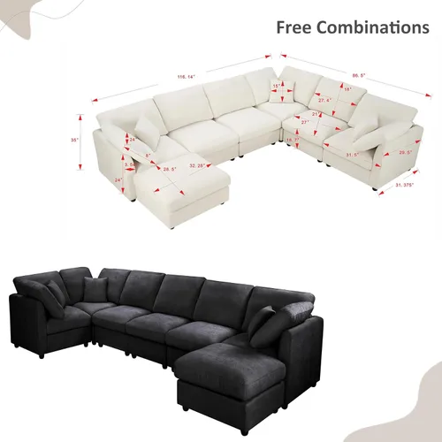 Miniatura 2 de Sofá modular de 117 pulgadas, sofá modular de felpilla en forma de U con otomana móvil, moderno sofá modular de 7 asientos para sala de estar, Beige