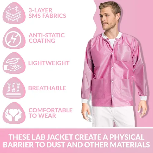 Miniatura 53 de Paquete de 10 chaquetas desechables de laboratorio, chaqueta médica reutilizable hasta la cadera, unisex, con puños de punto y bolsillos