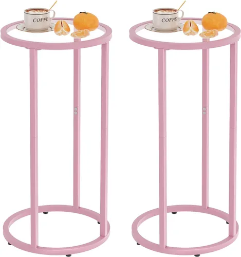 Miniatura 8 de Mesa auxiliar redonda, mesa C de cristal, mesa auxiliar para sofá, mesa de aperitivos de vidrio templado con marco de metal, mesa de noche