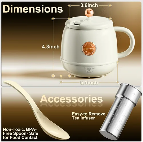 Miniatura 8 de TOPWIT Hervidor eléctrico de viaje, calentamiento rápido de 14 onzas hasta 212 °F, control de temperatura, calentador de taza de café para bebidas