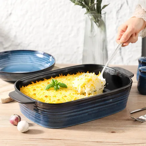 Miniatura 5 de Plato de cerámica para hornear, cacerola de 8.7 x 15.2 pulgadas con asas, bandeja rectangular profunda para lasaña para asar y hornear, utensilios