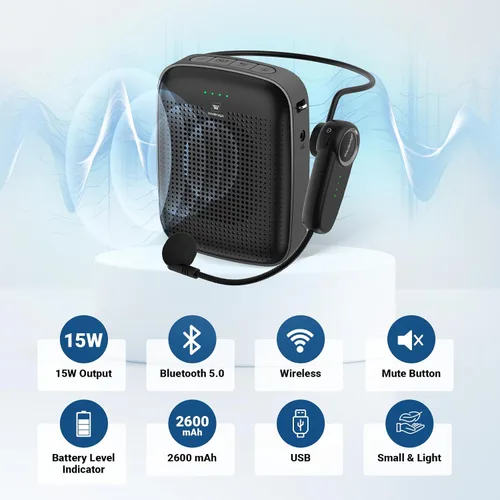 Miniatura 3 de Amplificador de voz inalámbrico Bluetooth para profesores - Mini amplificador portátil de 15 W con micrófono inalámbrico, micrófono personal