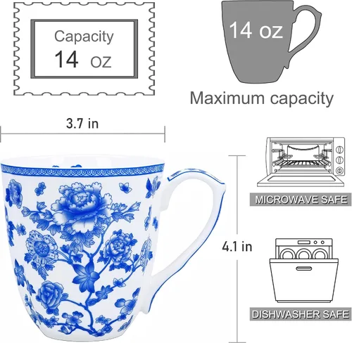 Miniatura 2 de Taza floral de porcelana de hueso de 14 onzas, taza de café floral para mujeres y hombres, taza de té de café de porcelana de hueso con asa cómoda