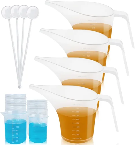 Artcome Juego de 4 jarras de embudo – Paquete de 4 jarras medidoras de plástico de 33.8 fl oz con embudos, 4 varillas de agitación y 15 tazas