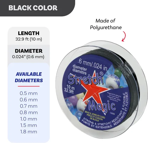 Miniatura 3 de Cordón elástico para cuentas Stretch Magic – Color negro, 0.6mm de diámetro, 10 metros (32 pies) – Hilo fácil de anudar, fuerte y elástico