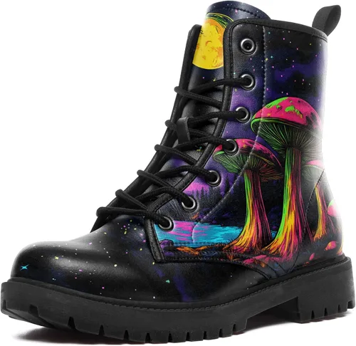 Miniatura 7 de Botas de Combate Florales de Setas para Mujer - Botas Góticas de Bosque Witchcore Tacón Grueso Cuero Vegano Moda con Cordones Botines Negros
