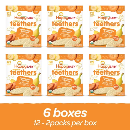 Miniatura 3 de Happy Baby Diente suave Detectores orgánicos de dentición orgánica Banana Sweet Potato, 12 Caja de conteo (paquete de 6) galletas de arroz calmantes