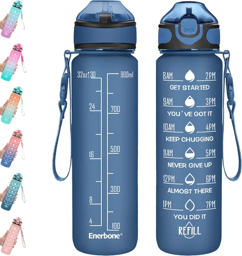 Miniatura 21 de Enerbone Botella de agua potable de 32 oz con tiempos para beber y popote, motivacional con correa para llevar, a prueba de fugas, sin BPA ni