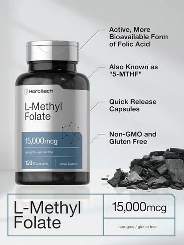Miniatura 3 de Horbäach L metilfolato 15000 mcg 120 cápsulas 15 mg de folato de metilo 5-MTHF Suplemento sin OMG, sin gluten