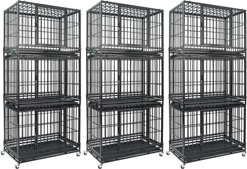 Miniatura 10 de Jaula apilable de 47 pulgadas para perros grandes de alta ansiedad, jaula indestructible a prueba de escapes para interiores con doble puerta
