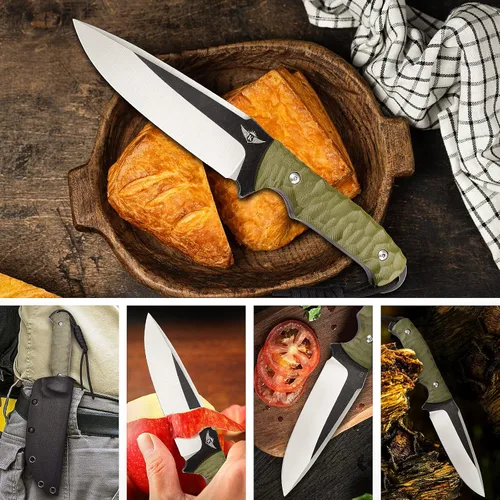 Miniatura 9 de KOMWERO Cuchillo de hoja fija con funda Kydex, hoja de acero D2 de 4.52", cuchillo de espiga completa con mango verde G10, cuchillos de caza al aire
