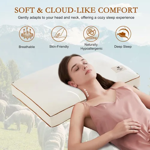 Miniatura 7 de YOUR MOON Almohada de lana natural tamaño individual, almohadas de cama de apoyo suave para dormir, relleno de lana australiana premium con funda