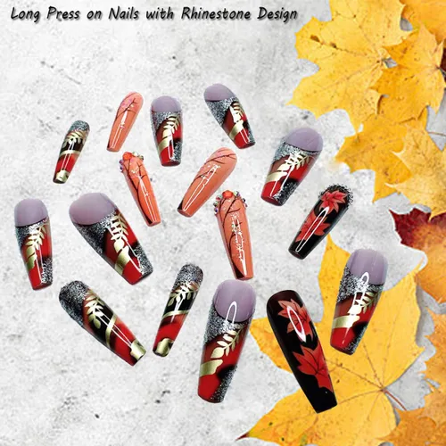 Miniatura 4 de 24 uñas postizas largas a presión con diseño de ataúd con diamantes de imitación, uñas postizas de cobertura completa, uñas postizas de otoño