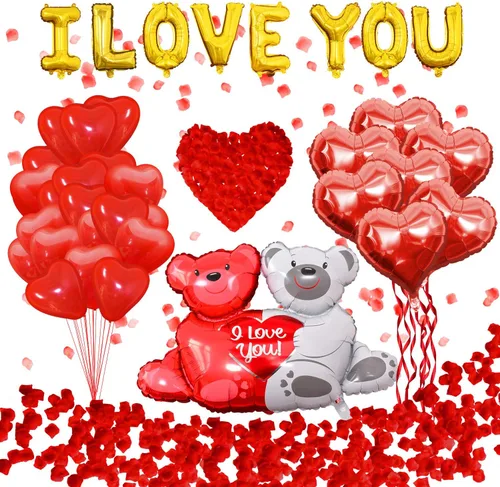 Juego de globos y globos de aniversario, kit romántico de globos de corazón con rosa roja, decoraciones de aniversario para boda, confesión,