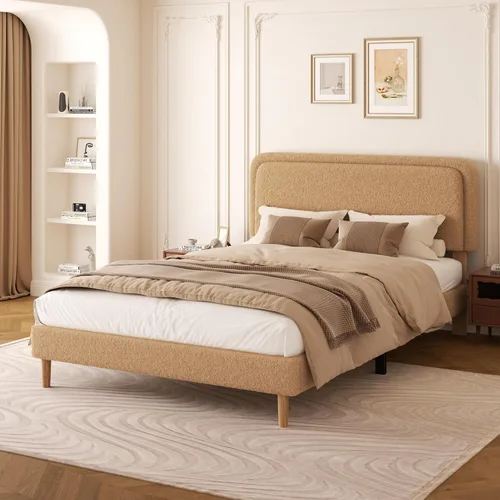 Marco de cama tapizado Boucle de tamaño matrimonial con cabecera ajustable, cama de nube suave, no necesita somier, fácil montaje, sin ruido,