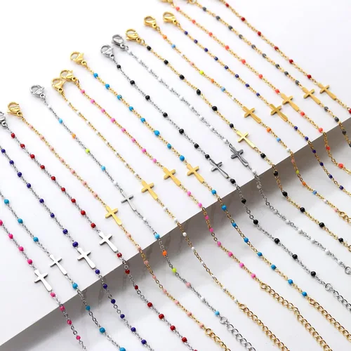 Miniatura 6 de Pulsera de Cuentas con Cruz Chapada en Oro de 14K para Mujeres, Pulsera de Acero Inoxidable Ajustable con Cruz de Fe Religiosa, Pulsera de Cadena