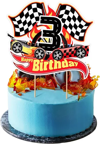Miniatura 7 de Maitys Decoración para pastel de 2º cumpleaños con temática de auto de carreras, suministros de fiesta de cumpleaños, bandera a cuadros, decoración