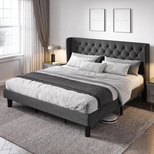 Miniatura 12 de Allewie Base de cama de tamaño matrimonial con cabecera copetuda con botones en la parte trasera, marco de cama tapizado moderno con soporte