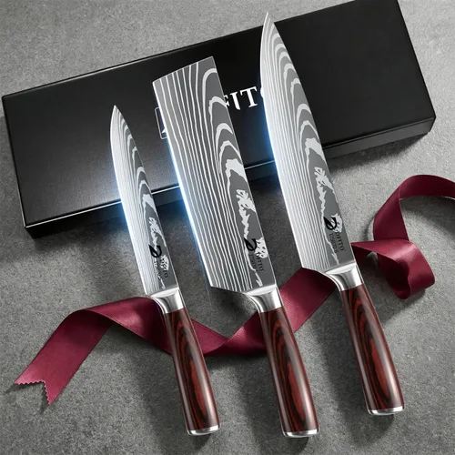 Miniatura 9 de Dfito Juego de cuchillos de cocina, 3 piezas de acero inoxidable de alto carbono con mango de madera de Pakkawood roja, juegos de cuchillos de chef