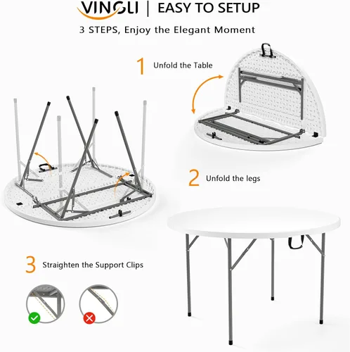 Miniatura 4 de VINGLI Mesa comercial redonda bi-plegable blanca de 48", mesa de comedor/cartas de plástico portátil de 4 pies para cocina o fiesta al aire libre