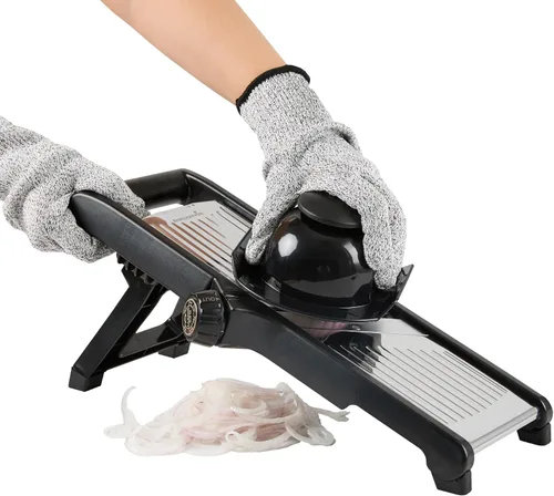 Miniatura 2 de Restaurantware Rebanadora de mandolina ajustable de acero inoxidable, cortador de verduras estándar alemán con protector de cuchilla, incluye