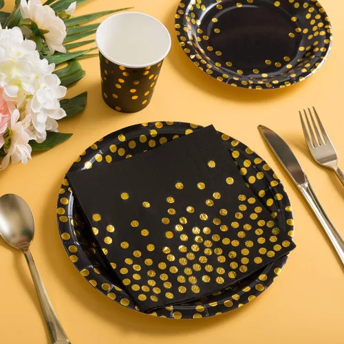 Miniatura 5 de HOMIX Suministros de fiesta negros y dorados, 175 piezas, platos desechables de papel negro, servilletas, vasos, tenedores de plástico dorado