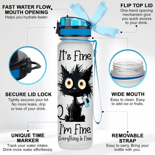 Miniatura 6 de 34HD Crazy Cat Botella de Agua 32 oz Plástico Tritan, Its Fine Everything Is Fine Botella de Agua, Regalos Divertidos de Cumpleaños Día