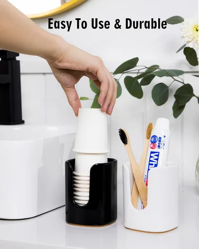 Miniatura 3 de Dispensador de tazas de baño cuadrado de cerámica de 5 onzas para niños y embarazo, soporte de papel desechable para enjuague bucal en encimera
