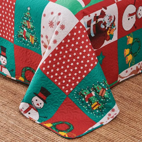 Miniatura 6 de Juego de colcha de Navidad de Smuge, tamaño king - Reversible, con diseño de alce, muñeco de nieve, árbol de Navidad, pequeña campana, rojo, verde