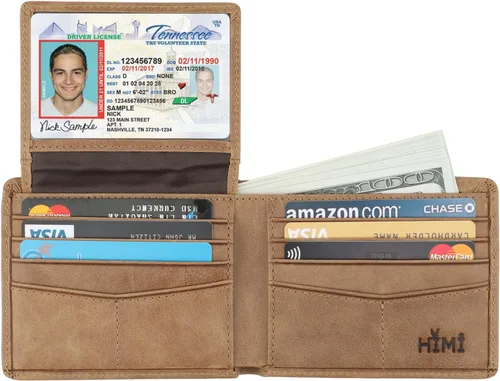 Miniatura 53 de HIMI - Cartera elegante de cuero auténtico para hombre, con bloqueo de interferencia de radiofrecuencia (RFID), con 2 ventanas para identificación