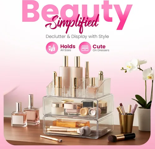Miniatura 6 de Masirs Organizador de maquillaje acrílico transparente con cajones, almacenamiento de tocador cosmético para cuidado de la piel, accesorios
