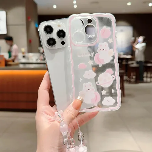 Miniatura 4 de Funda compatible con iPhone 11 Pro Max, bonito patrón de conejo melocotón de dibujos animados con bonito diseño de cadena para mujeres y niñas