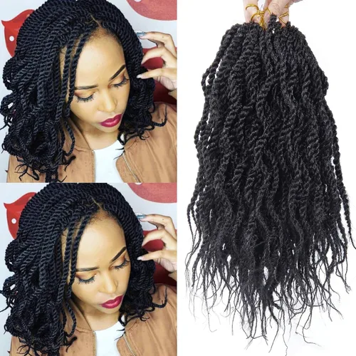 Trenzas de cabello ondulado senegalés de 14 pulgadas, extensiones de cabello sintético rizado con extremos ondulados, cabello trenzado trenzado (8
