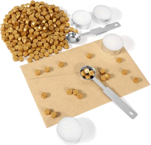 Miniatura 4 de Yoption 300 cuentas de cera octágono con 4 velas y 2 cucharas de fusión para sello de cera (dorado)