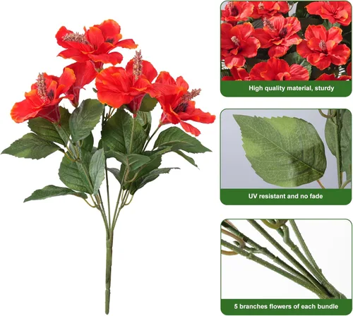 Miniatura 7 de HyeFlora Flores artificiales para exteriores, hibisco sintético, decoración exterior de verano, 4 paquetes de plantas artificiales tropicales