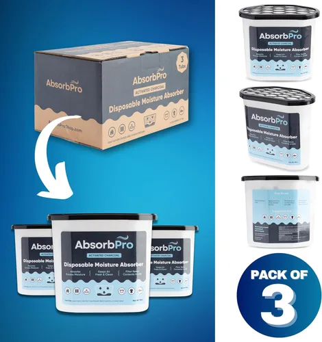 Miniatura 7 de Absorb Pro - Recipiente Absorbedor de Humedad con Carbón Activado - Paquete de 3 - Caja Eliminadora de Olores Desechable de 18 oz y Deshumidificador