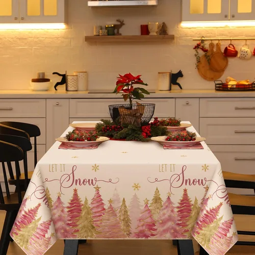 Miniatura 4 de Peryiter Mantel navideño rectangular de 60 x 84 pulgadas, mantel de Navidad de poliéster lavable para vacaciones de invierno, casa de campo