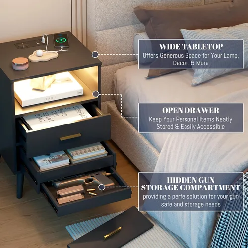 Miniatura 3 de LVSOMT Mesita de noche negra para dormitorio con estación de carga y luces LED, moderna mesita de noche con cajón oculto, mesita de noche