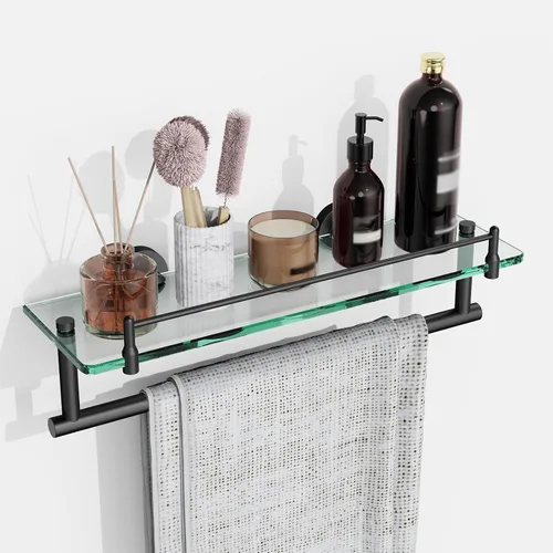 Miniatura 15 de Estante de baño flotante de vidrio templado con toallero, níquel cepillado y acero inoxidable, montaje en pared de 16 pulgadas