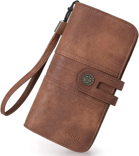 CLUCI Cartera grande de cuero para mujer, organizador de tarjetas de diseñador largo para mujer, 0 Marrón, Vintage