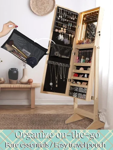 Miniatura 3 de LUXFURNI Armario de joyería con luz LED, espejo de pie, organizador de almacenamiento grande con cerradura y cajones (natural)