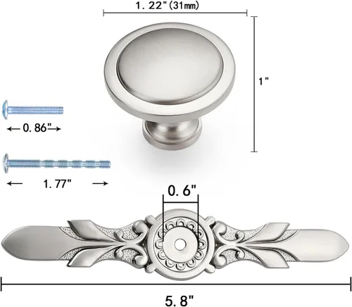 Miniatura 2 de Paquete de 10 pomos de gabinete de níquel cepillado de 1.22 pulgadas con placa trasera Diseño redondo suave, aleación de zinc sólida, resistente a