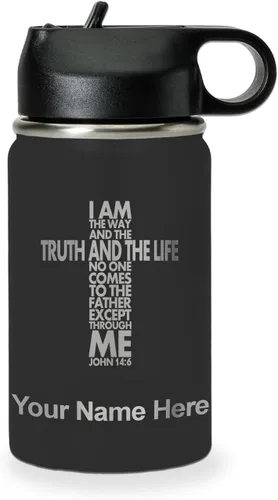 Miniatura 51 de LaserGram Botella de agua de doble pared abatible de 12 onzas con pajilla, versículo bíblico John 14-6, grabado personalizado incluido