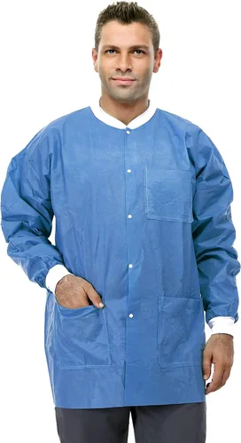 Miniatura 10 de Chaquetas de laboratorio desechables dentales Puños y cuello de punto suave SMS duraderos con 3 bolsillos Chaqueta de laboratorio médico
